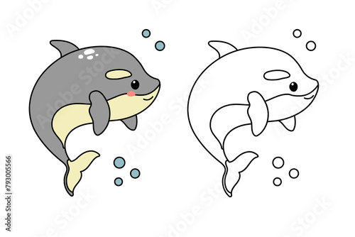 Hand drawn cute whale liller. Marine life animals. Coloring page template