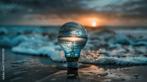 Day of Earth or energy of water artistic photo with glass bulb and environment sea shore or ocean coas waves at susnset photo