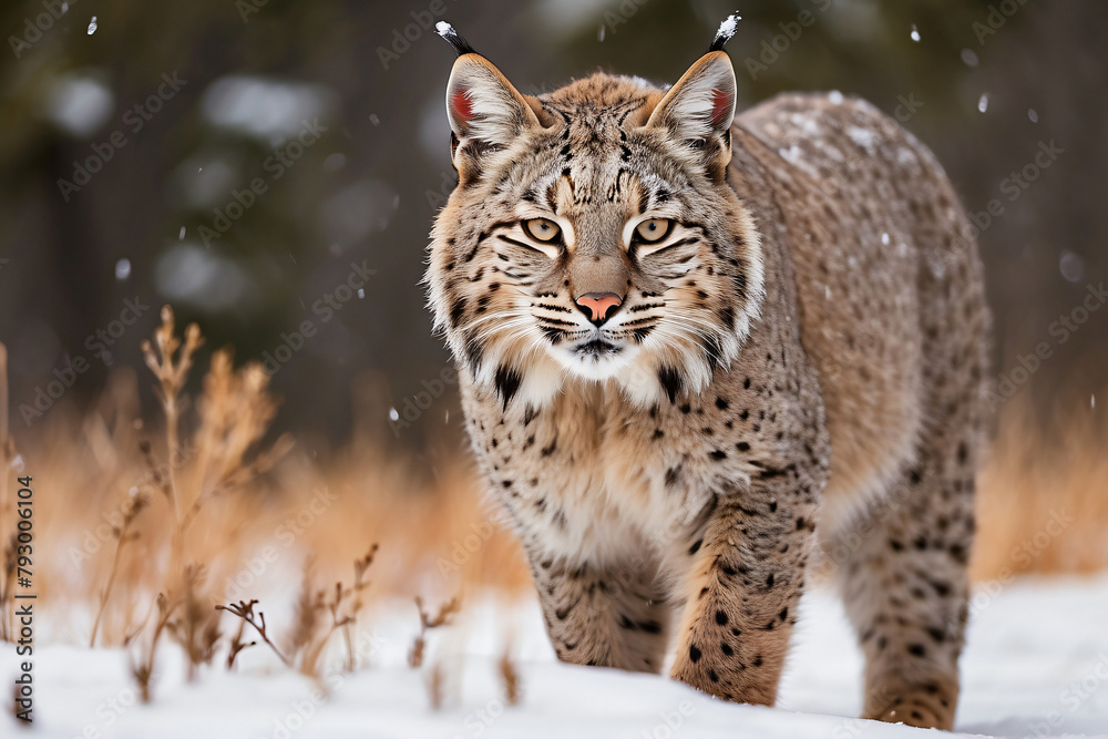 Fototapeta premium bobcat standing in snow covered meadow