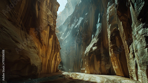 Describe the sensation of being swallowed by the vastness of a canyon, with towering walls rising photo
