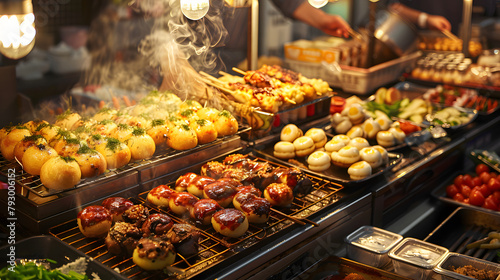 street snacks in Japan, such as takoyaki or okonomiyaki, which tempt the taste buds