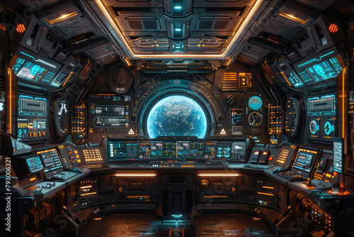 Interstellar spaceship bridge control room, ultra realistic photography. Created with Ai photo