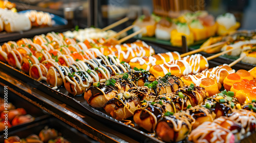 street snacks in Japan, such as takoyaki or okonomiyaki, which tempt the taste buds