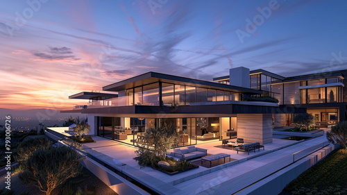 An expansive view of a modern residence during the early hours of twilight, where the transition from day to night highlights the home's geometric design and the strategic use of lighting