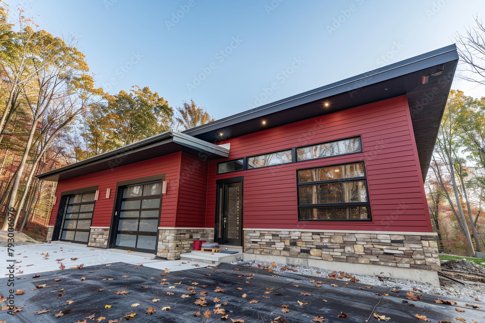 Contemporary luxury home freshly constructed with sleek red siding and natural stone wall accents, offering a minimalist design without a garage.