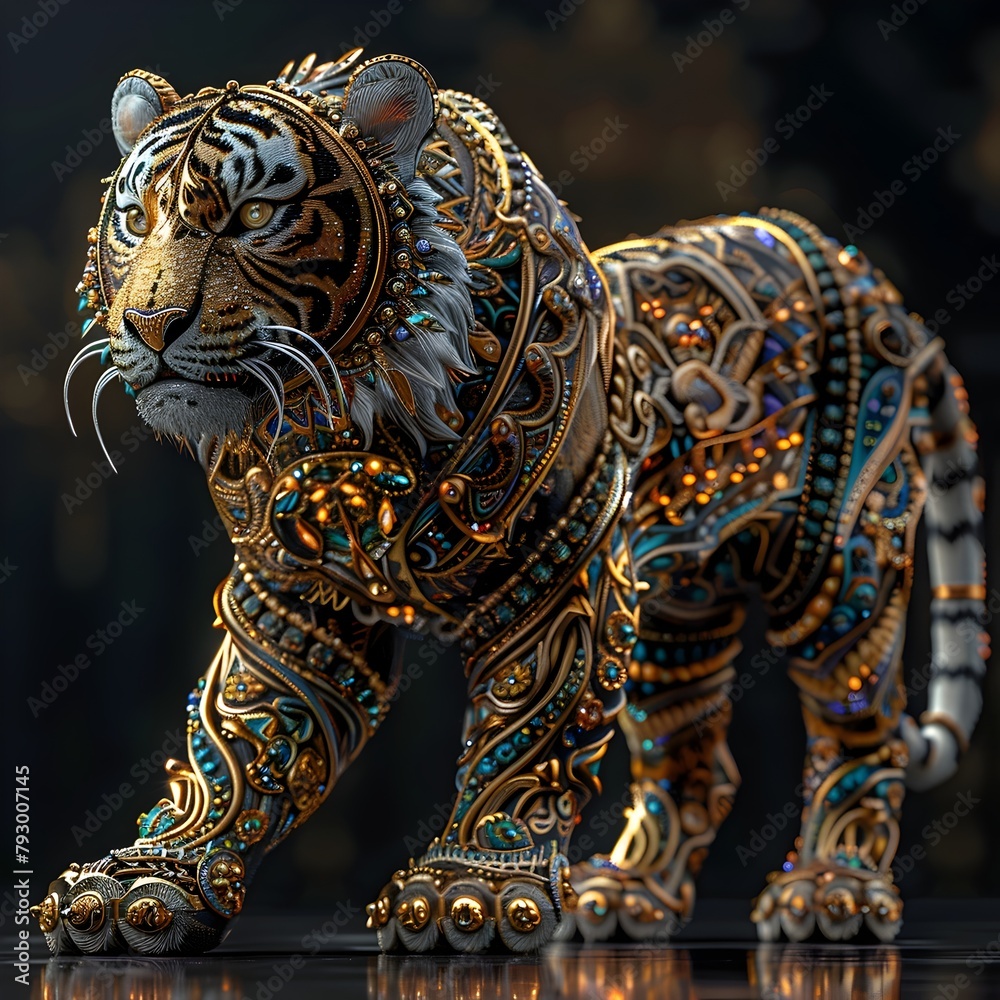 Ornately Patterned Thai Inspired Tiger in Graceful Powerful Pose Digitally Rendered 3D Ornately Patterned Thai Inspired Tiger in Graceful Powerful Pose Digitally Rendered 3D