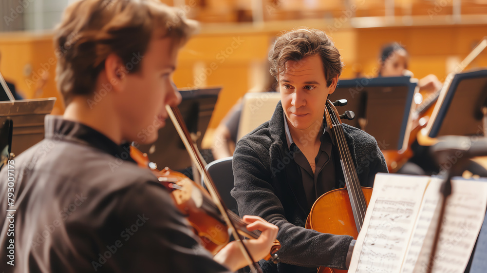 Composer discussing with a violinist during a rehearsal break, in a relaxed environment with instruments and music stands around. Composer discussing with a violinist during a rehearsal break, in a relaxed environment with instruments and music stands around.