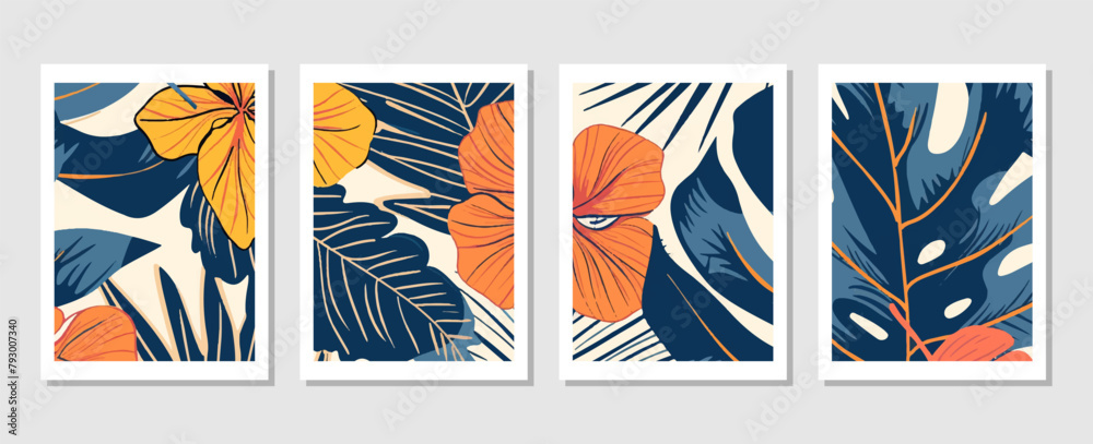 Obraz premium set of abstract vector backgrounds featuring tropical leaves. Hand-drawn textures suitable for wall decoration, postcard designs, or brochure covers.