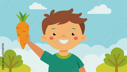 A young boy holding up his newly harvested carrot with a huge grin on his face proud of his hard work and excited to share his accomplishment