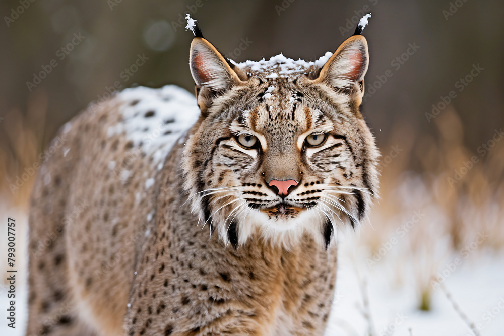 Fototapeta premium bobcat standing in snow covered meadow