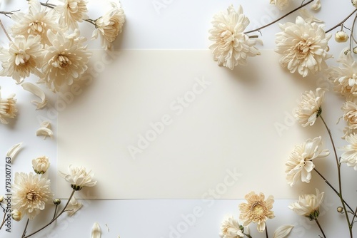 A minimalist top-down view of a blank white paper with dry chrysanthemum flowers forming a gentle arc across one side