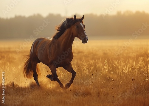 A horse galloping across a vast, sun-kissed field.