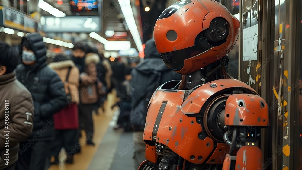 A futuristic robot stands out in a crowded subway station amidst the urban backdrop. Concept Futuristic, Robot, Urban, Subway Station, Technology