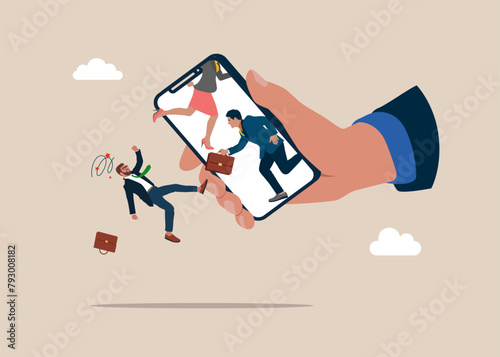 Competitors fall from a smartphone. Eliminate competitors. Leadership rivalry.  Vector business people character illustration. 