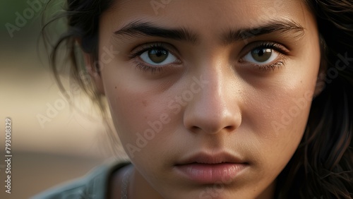 A young woman with brown hair and brown eyes is staring at the camera. She has a serious expression on her face