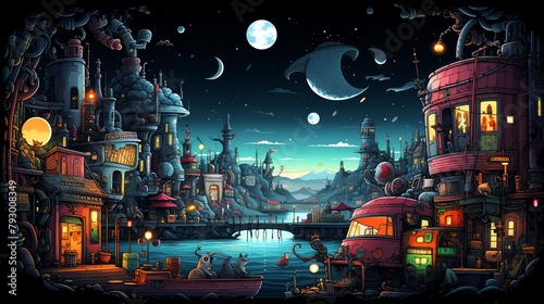 An enchanting steampunk city comes to life under a night sky with multiple moons, glowing lights, and whimsical architecture. photo