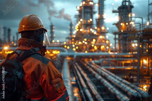 Industrial worker overseeing plant operations at dusk