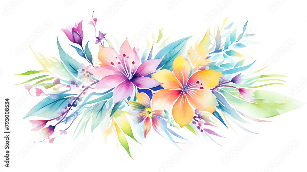 Obraz premium Vibrant watercolor floral arrangement, set against pure white, ideal for botanical art prints or elegant greeting cards