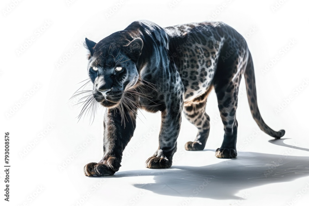 Mysterious allure of a lone black panther, its piercing eyes glinting in the dappled sunlight of the jungle, isolated on pure white background.