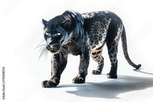 Mysterious allure of a lone black panther  its piercing eyes glinting in the dappled sunlight of the jungle  isolated on pure white background.