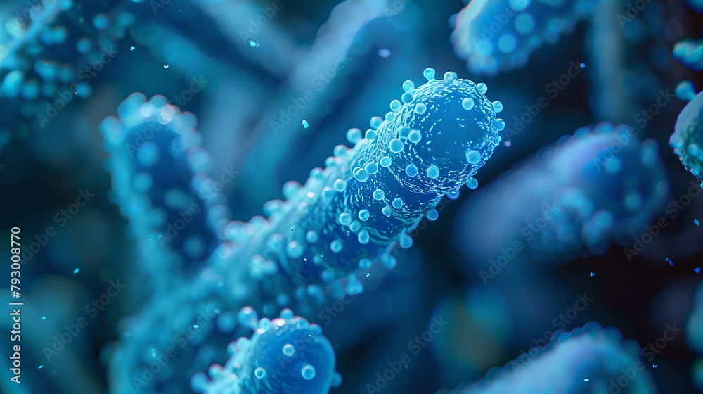 Fototapeta premium Intricate Blue Bacterial Structure Macro Illustration, Generative AI