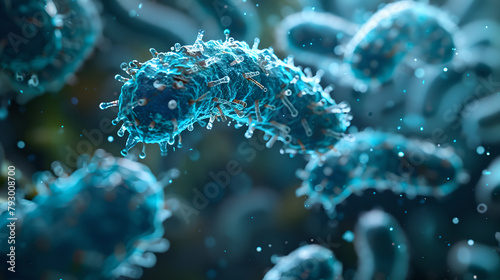 3D Render of Bacterial Cell Interaction in Blue, Generative AI