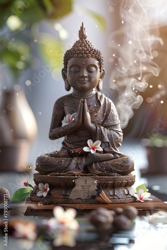 Serene Buddha statue in meditation with incense and floral decorations photo