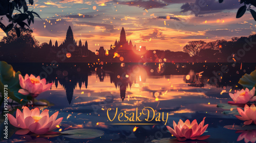 Surreal Vesak day celebration at sunset with lotus flowers and temples