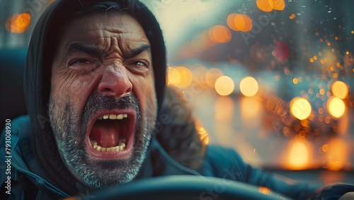 An angry commuter in traffic showing road rage in a congested city. Concept Traffic congestion, Road rage, City life, Commuting frustration, Anger management photo