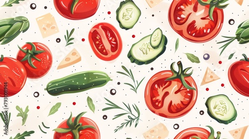 a fresh food collection featuring an assortment of tomatoes, parmesan, peppers, artichokes, and cucumbers, beautifully depicted in flat design and seamlessly tiled for a captivating visual display.