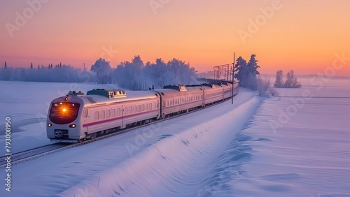 Eco-friendly Polar Express train featuring advanced heating technology for luxurious Arctic expeditions. Concept Eco-friendly design, Polar Express train, Advanced heating technology