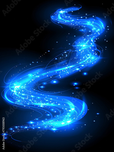 A blue light stream with many stars. The stream is long and curvy. The stars are bright and shining