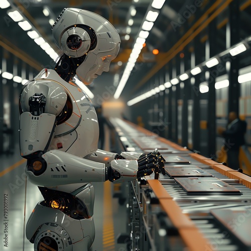 Verisimilar robot inspecting factory line, human supervisor watching, right copy space, stark lighting. photo