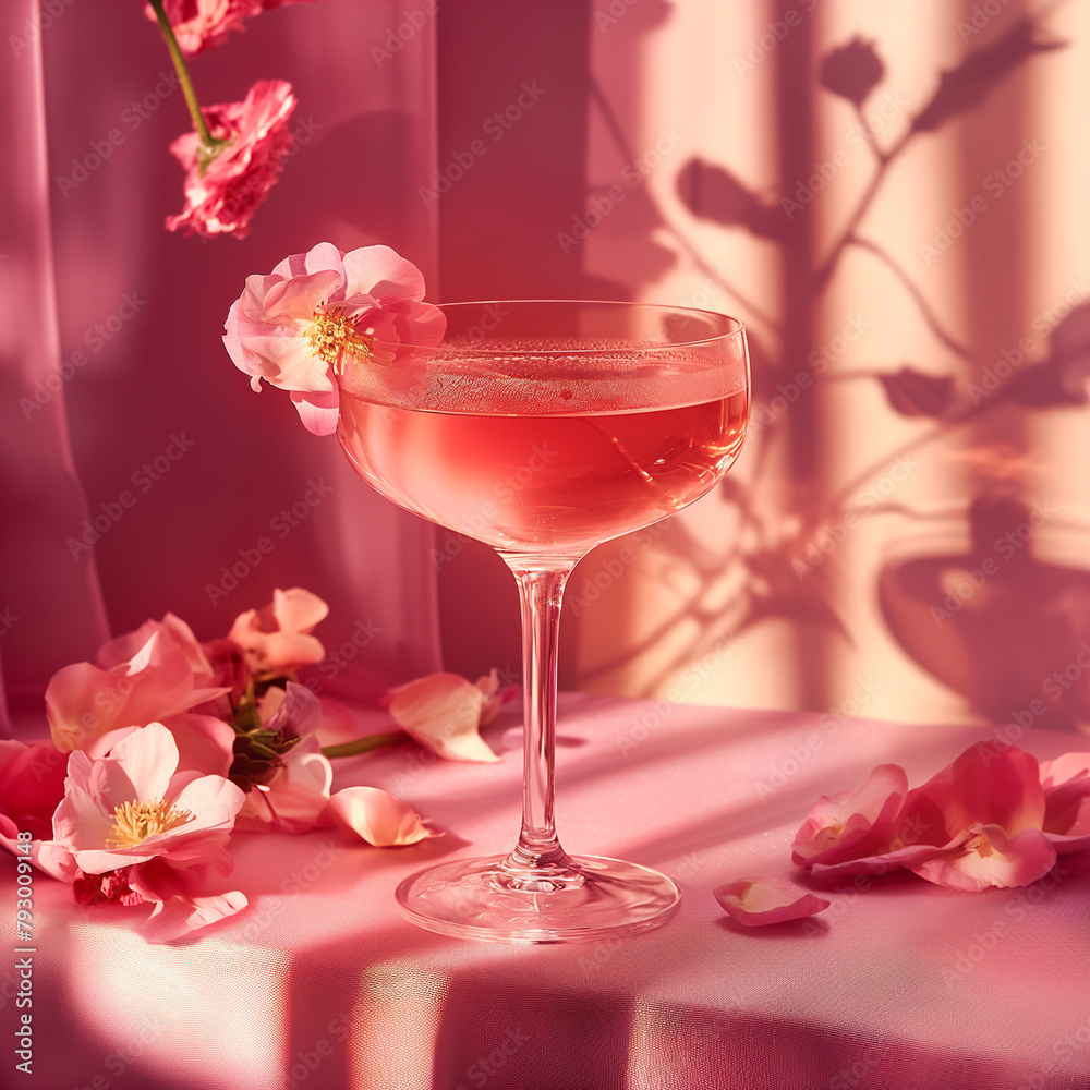 Cocktail With A Pink Background, Decorative Flowers Cocktail With A Pink Background, Decorative Flowers