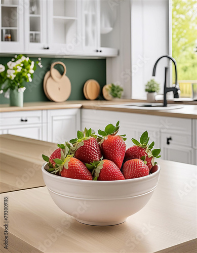 bowl with strawberries on modern kitchen interior