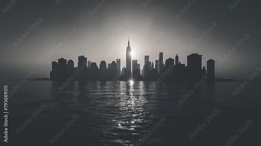 A monochromatic silhouette of a dense city skyline stands stark against the backdrop of a sunlit mist over calm waters.
