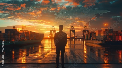 A man stands observing the bustling harbor at sunset, with a digital world map overlay highlighting the global scale of trade and commerce. © Rattanathip