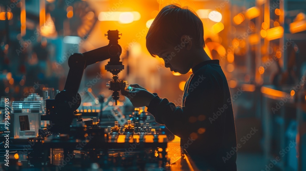 A young boy, completely absorbed in assembling a robot, works with focus and curiosity in a workshop glowing with warm, ambient light. A young boy, completely absorbed in assembling a robot, works with focus and curiosity in a workshop glowing with warm, ambient light.