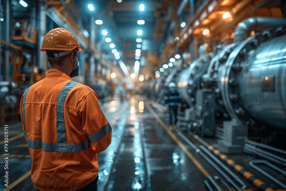Industrial worker overseeing production line at factory Industrial worker overseeing production line at factory