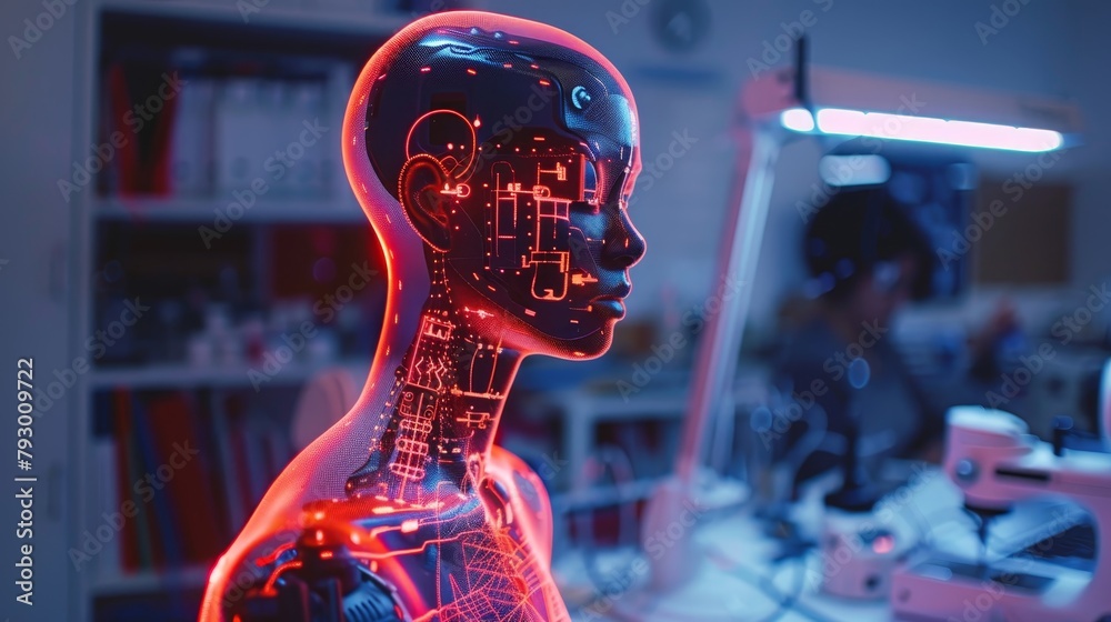 A 3D rendering of a female android. A 3D rendering of a female android.