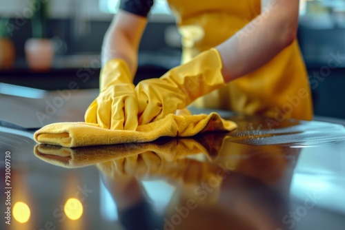 Female cleaner close-up, hands are in protective yellow gloves, housewife, woman polishing table top with cloths, professional cleaning service working photo