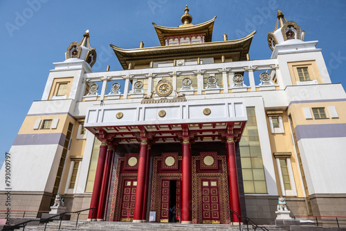 Buddhist temples and symbols of the capital of Kalmykia Elista on a sunny spring day