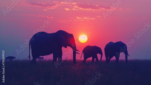 A beautiful sunset in the savanna. A herd of elephants is walking in the foreground. © Rattanathip