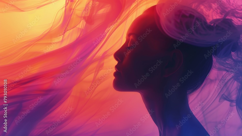 A beautiful woman's face with a colorful veil flowing around her head and neck. A beautiful woman's face with a colorful veil flowing around her head and neck.