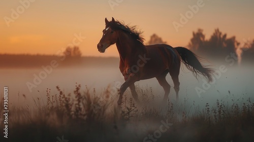 A beautiful wild horse stallion runs through a foggy field at sunrise.
