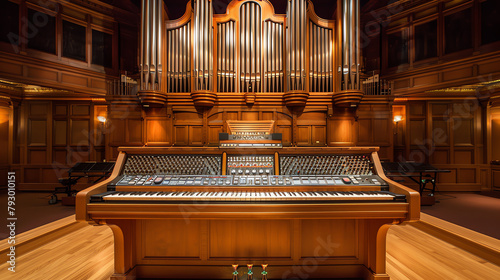 Innovative hybrid organ featuring both traditional pipes and digital enhancements, set in an academic setting for music technology research. photo