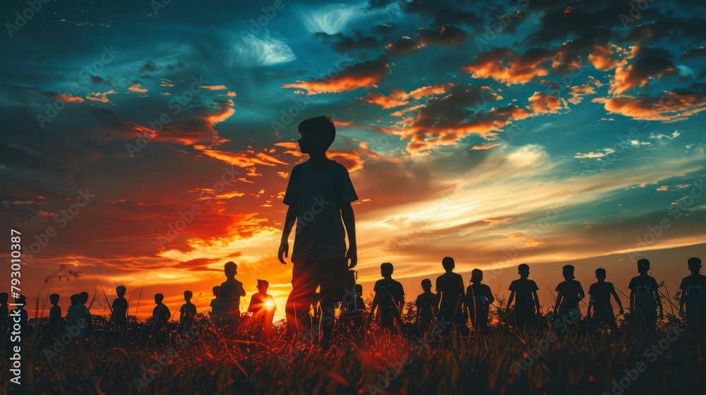 A boy standing in a field of wheat at sunset, with a large group of people standing behind him.