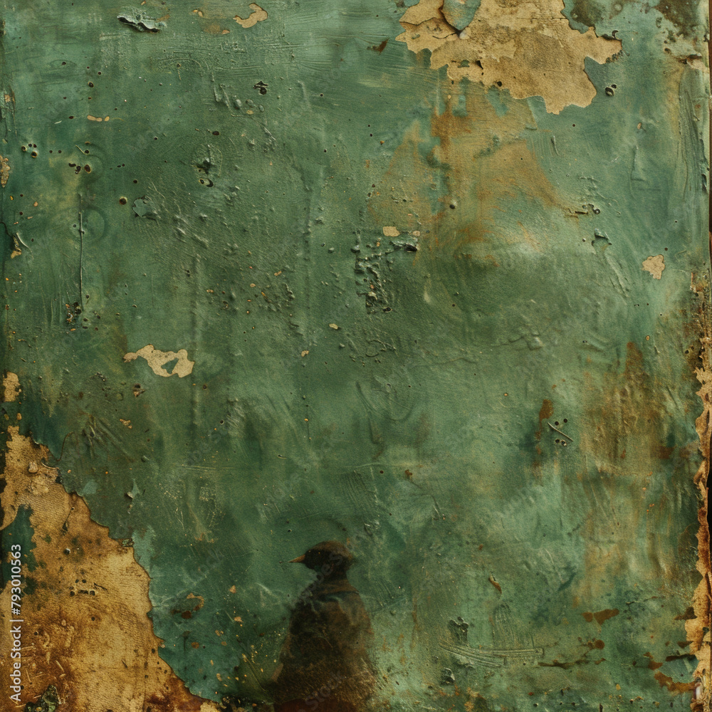 A painting of a man standing in front of a wall with a green background