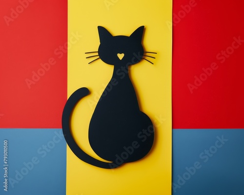 A cut out college art of a slacker kitty object against a minimalist abstract background of dark navy blue, bright scarlet red, and light lemon yellow. photo