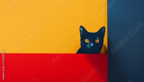 A minimalist cut out college art of a slacker kitty in front of a vibrant abstract background of red, yellow, and navy. Rule of thirds composition with negative space. photo